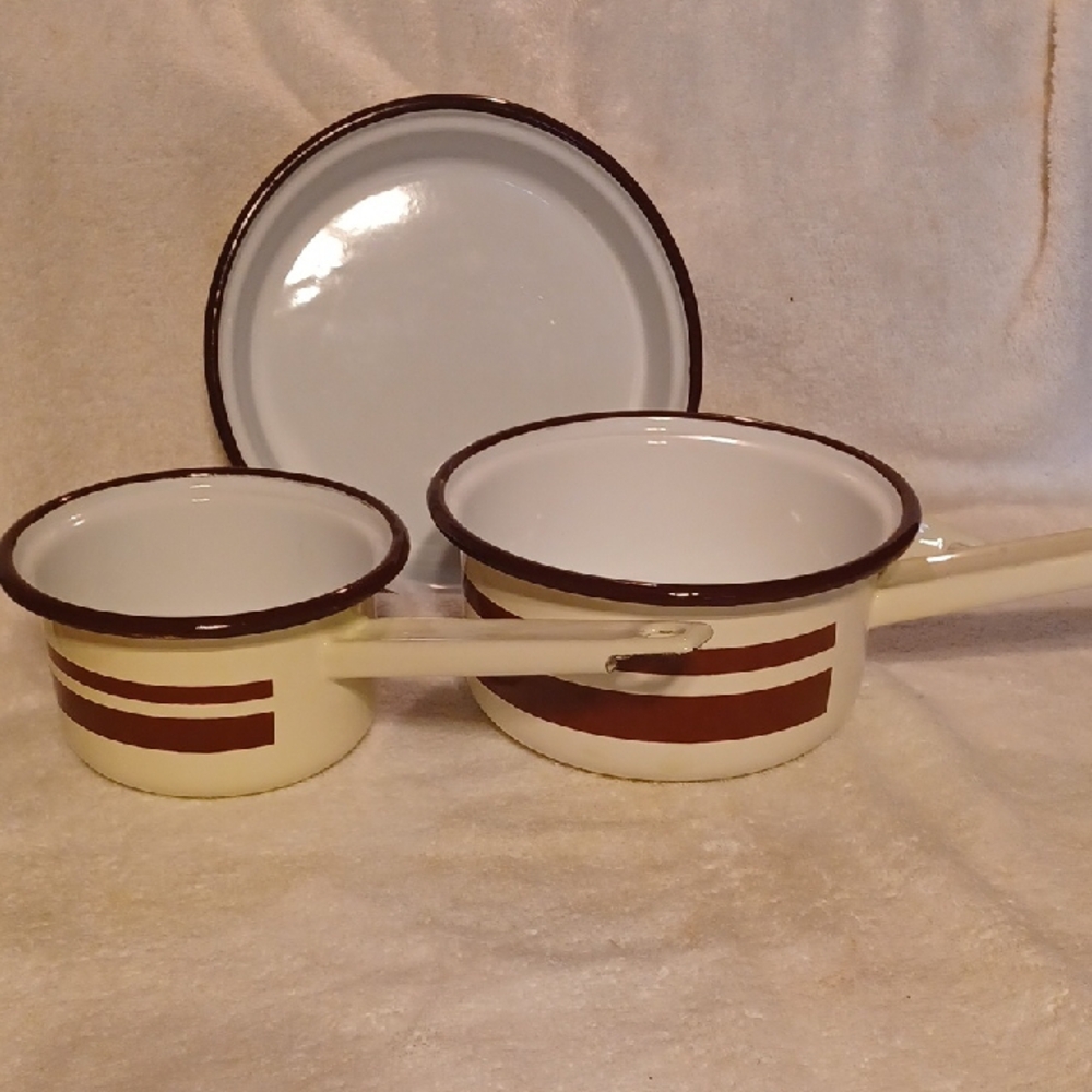 Classic Cream and Brown Enamel Cookware Set Vintage Cook Pans